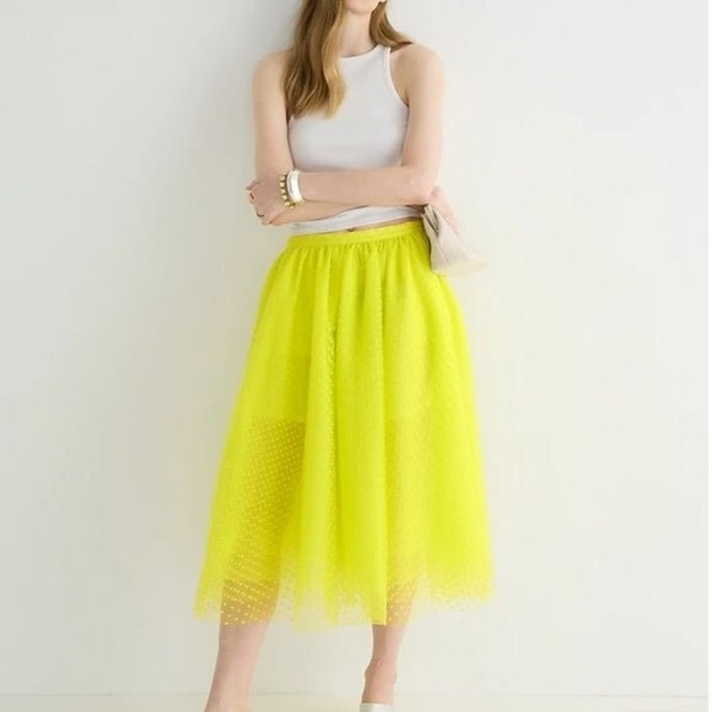 J.Crew Collection Neon Yellow Swiss Dot Tulle Midi Skirt Size 6 Chartreuse‎ Bold
